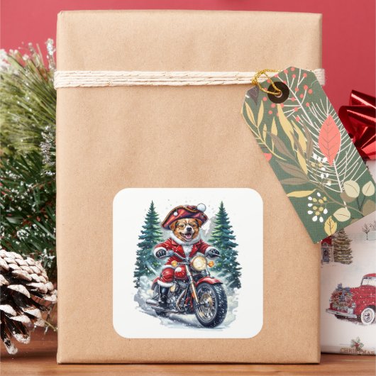 Dog Santa Riding Motorcycle Snowy Forest Vierkante Sticker (Feestdagen)