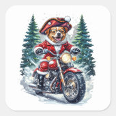 Dog Santa Riding Motorcycle Snowy Forest Vierkante Sticker (Voorkant)