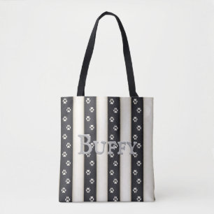 Dog schildert afdrukken op zwarte en witte strepen tote bag