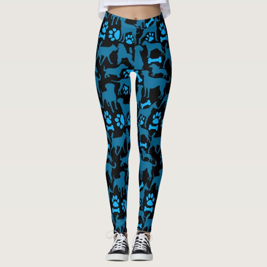 Dog silhouette Pattern.Blue.04 Black BG Leggings (Voorkant)