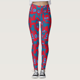 Dog silhouette Pattern.Blue.04 Red BG Leggings