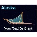 Dog Sled - Alaska Fotobeeldje Magneet<br><div class="desc">Een hondenslee met een blauwgroen sledezak bovenop een sterrenachtergrond. Tekst lezen,  "Alaska" verschijnt in gloeiend blauw en wit. U kunt uw eigen extra tekst toevoegen,  zowel op de sledezak als onderaan.</div>