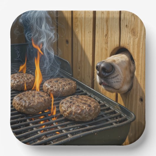 Dog Sniffing Hamburgers On a Barbecue Grill Papieren Bordje (Voorkant)