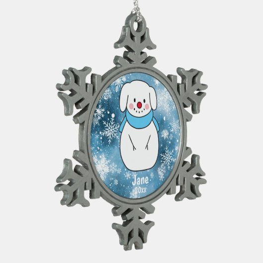 Dog Snowman met Blue Snowflake Bokeh Background Tin Sneeuwvlok Ornament (Links)
