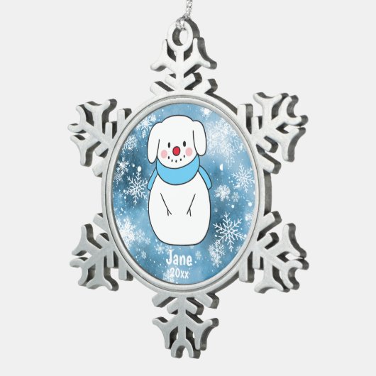 Dog Snowman met Blue Snowflake Bokeh Background Tin Sneeuwvlok Ornament (Rechts)