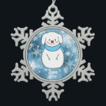 Dog Snowman met Blue Snowflake Bokeh Background Tin Sneeuwvlok Ornament<br><div class="desc">Dog Snowman met Blue Snowflake Bokeh Background.  Snowman met een stomme puppy.  Kan gepersonaliseerd zijn met naam en datum.  Verleen je vakantiedecor en kerstversieringen.</div>
