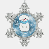 Dog Snowman met Blue Snowflake Bokeh Background Tin Sneeuwvlok Ornament (Voorkant)