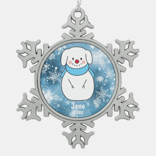 Dog Snowman met Blue Snowflake Bokeh Background Tin Sneeuwvlok Ornament (Voorkant)