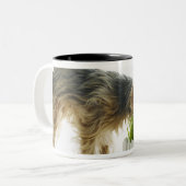 Dog snuffelend burentuin neergeschoten in studio tweekleurige koffiemok (Voorkant links)