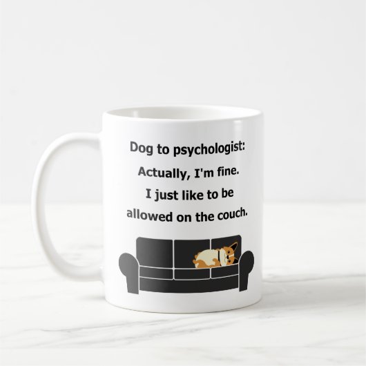 Dog to psycholoog theory sofa humor grappig koffiemok (Links)