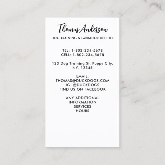 Dog Trainer Labrador Retriever Puppy Pet Sitter Visitekaartje (Achterkant)