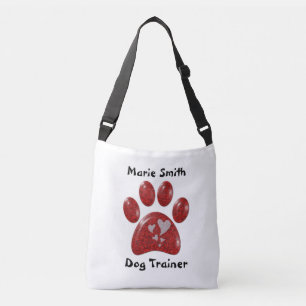 Dog Trainer Red Paw Print White Hearts Pattern Crossbody Tas