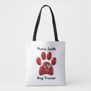 Dog Trainer Red Paw Print White Hearts Pattern Tote Bag