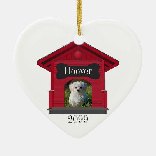 Dog Upload Photo Dog House w Bone Heart Kerstmis Keramisch Ornament (Voorkant)