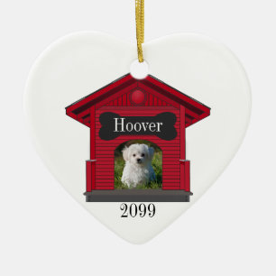 Dog Upload Photo Dog House w Bone Heart Kerstmis Keramisch Ornament