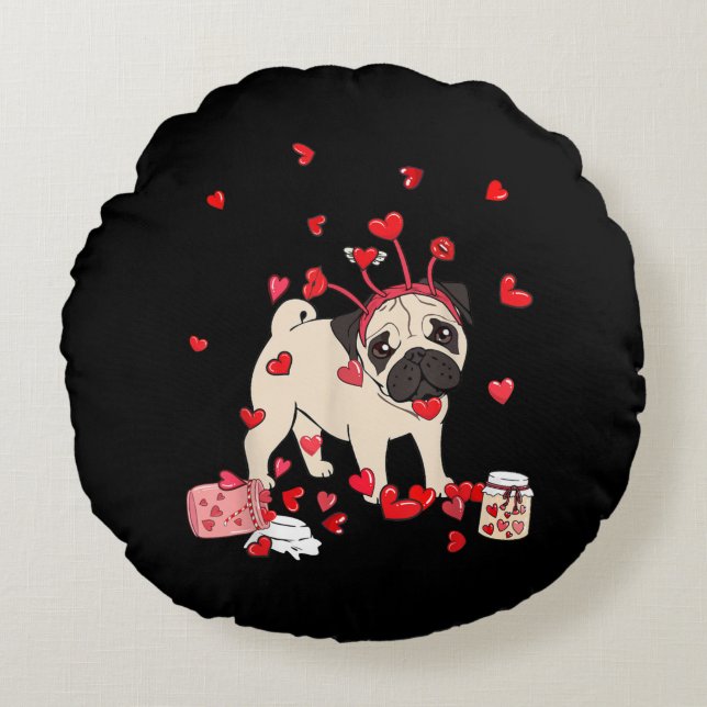 Dog Valentijn Cadeft | Cute Pug-Valentijnsdag Rond Kussen (Voorkant)