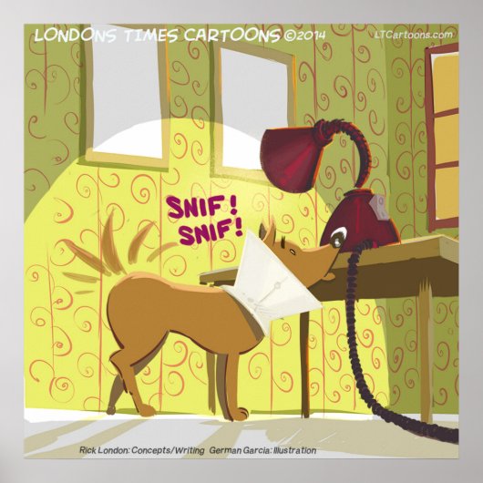 Dog W/E-Collar Sniffing Lamp Funny Poster (Voorkant)