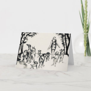 Dog Walker Charcoal Drawing Kaart