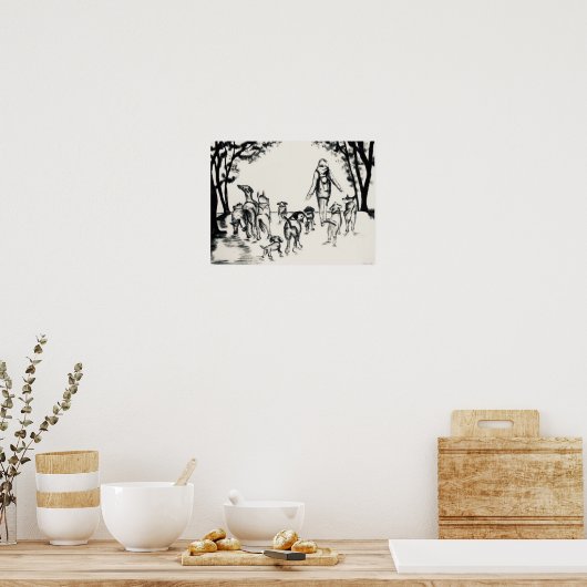 Dog Walker Charcoal Drawing Poster (Keuken)