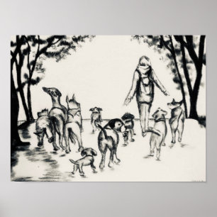 Dog Walker Charcoal Drawing Poster