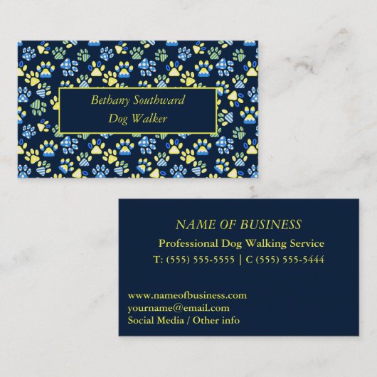 Dog Walker Paws Navy Geel Visitekaartje (Voorkant / Achterkant)