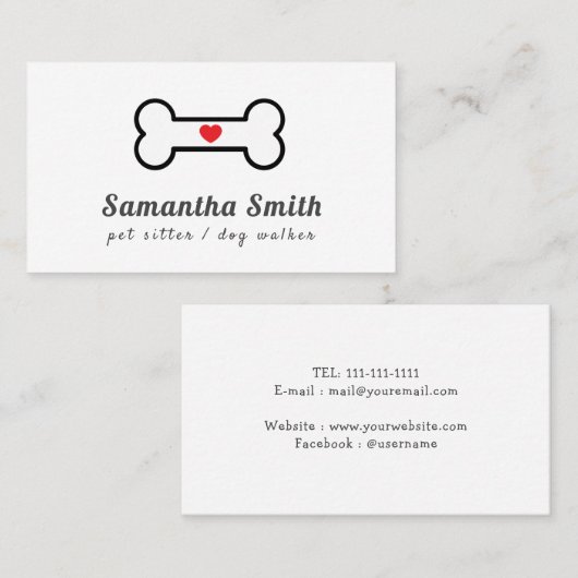 Dog Walker Pet Sitter Bone Heart Visitekaartje (Voorkant / Achterkant)