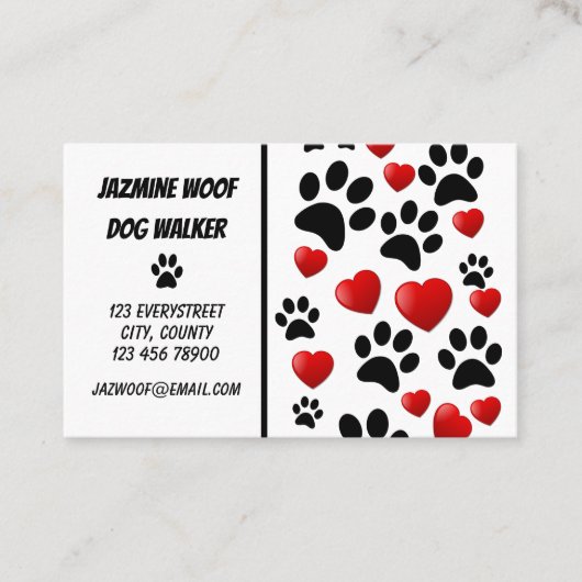 Dog Walker Pet Sitter Fun Paw and Hearts Visitekaartje (Voorkant)