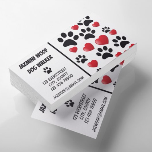 Dog Walker Pet Sitter Fun Paw and Hearts Visitekaartje