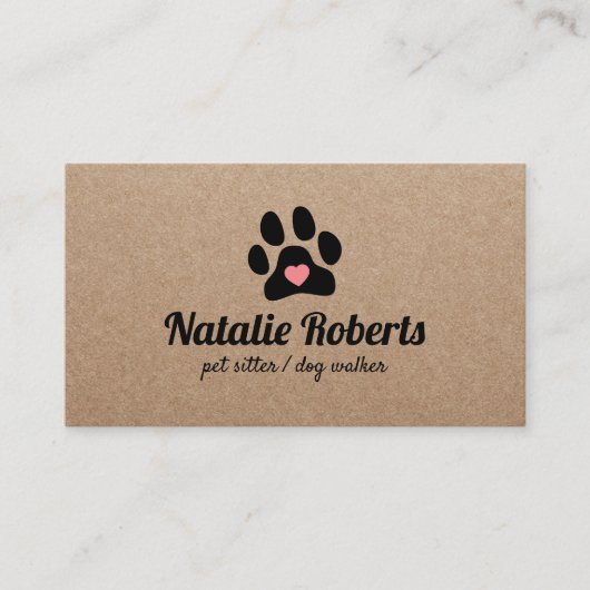 Dog Walker Pet Sitter Paw Heart Rustic Kraft Visitekaartje (Voorkant)