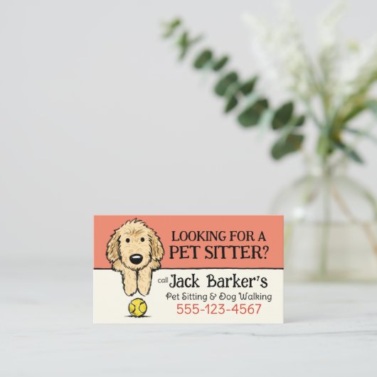 Dog Walker Pet Sitter Schattige Doodle Dog met Bal Visitekaartje (Staand voorkant)