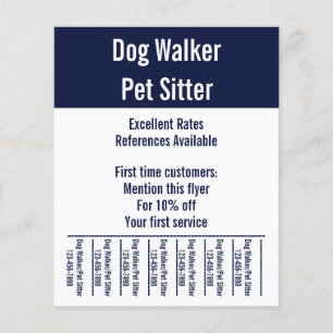 Dog Walker Pet Sitter Wit en Blauw Tekst Sjabloon Flyer