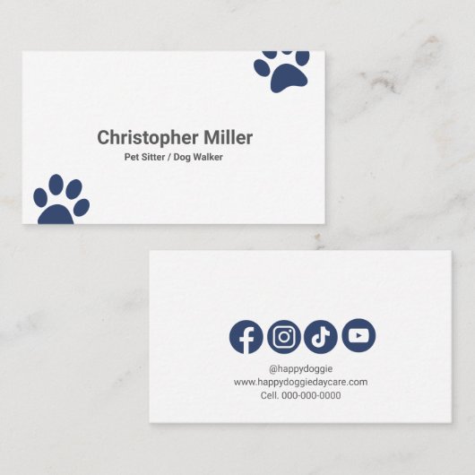 Dog Walker Pet Visitekaartje met marinepoot (Voorkant / Achterkant)