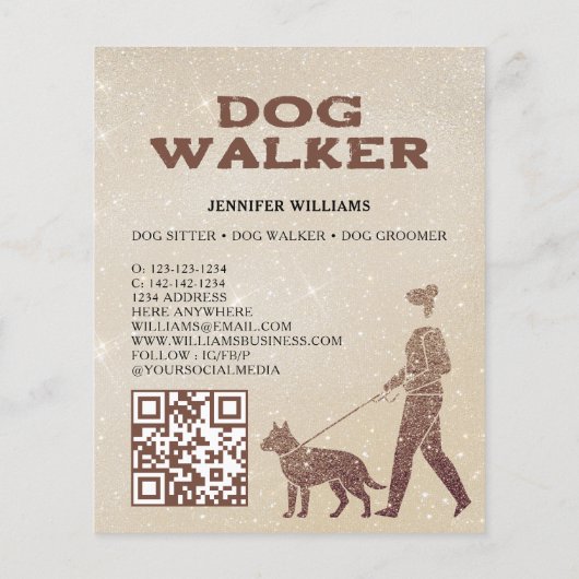 Dog Walker Pink Gold Glitter QR Code Pet Services Flyer (Achterkant)