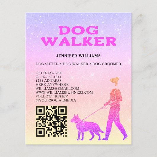 Dog Walker Pink Gold Glitter QR Code Pet Services Flyer (Voorkant)