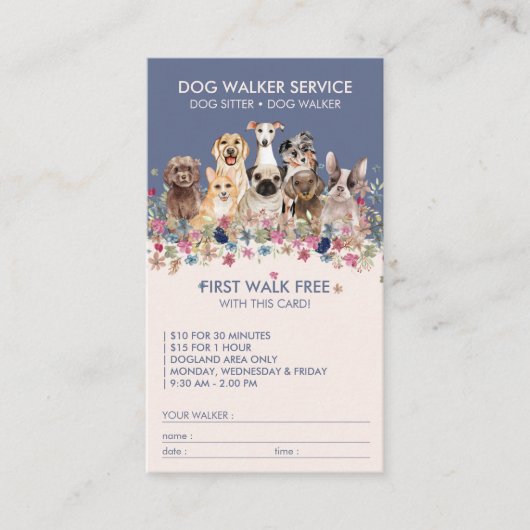 Dog Walker Service Free gift name blauw Visitekaartje (Voorkant)