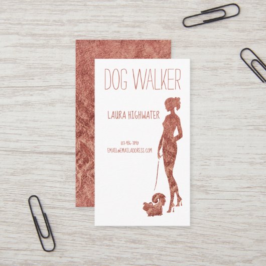 Dog Walker Silhouette Roos Gold Faux Foil Pet Visitekaartje (Voorkant / Achterkant in situ)