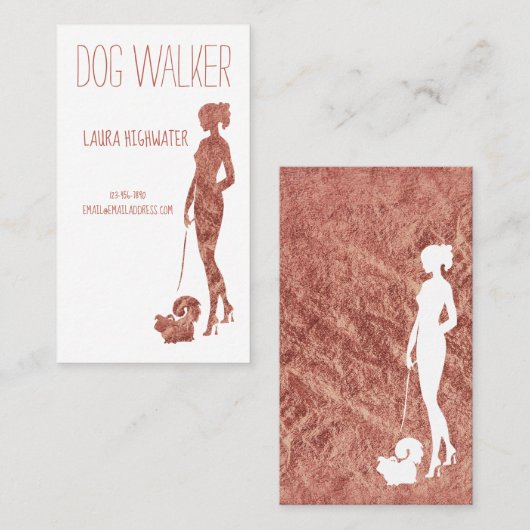 Dog Walker Silhouette Roos Gold Faux Foil Pet Visitekaartje (Voorkant / Achterkant)