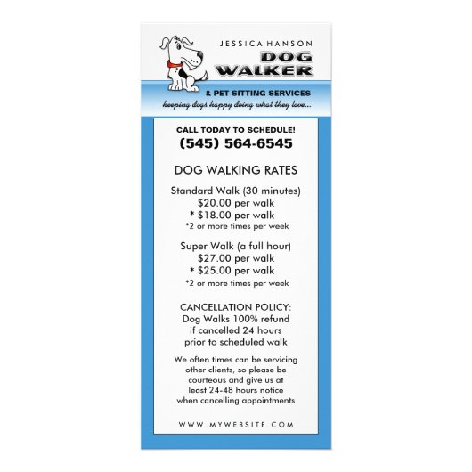 Dog Walking & Pet Sitting Blue & White Rack Card Reclamekaart (Voorkant)