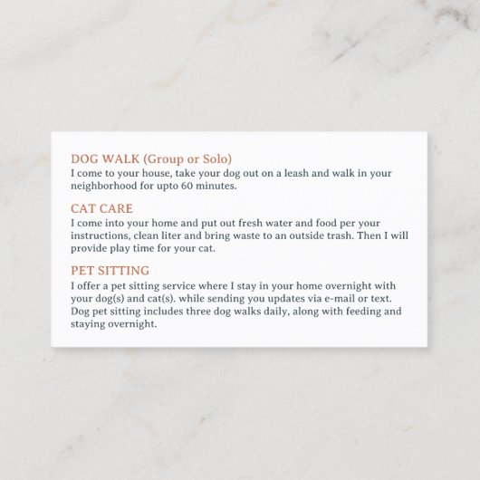 Dog Walking Pet Sitting Boarding Visitekaartje (Achterkant)