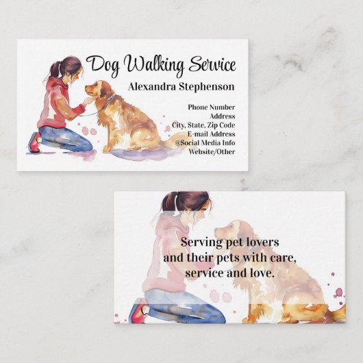 Dog Walking Service Pet Care Watercolor Visitekaartje (Voorkant / Achterkant)