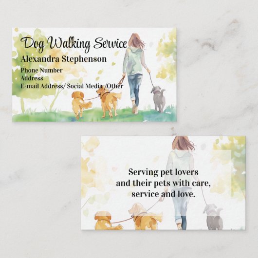 Dog Walking Service Pet Walker Watercolor Visitekaartje (Voorkant / Achterkant)