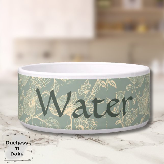 Dog Water Bowl - Sage Green Botanical, Name  Voerbakje (Personalized Sage Green Botanical Water Pet Bowl on marble table top)