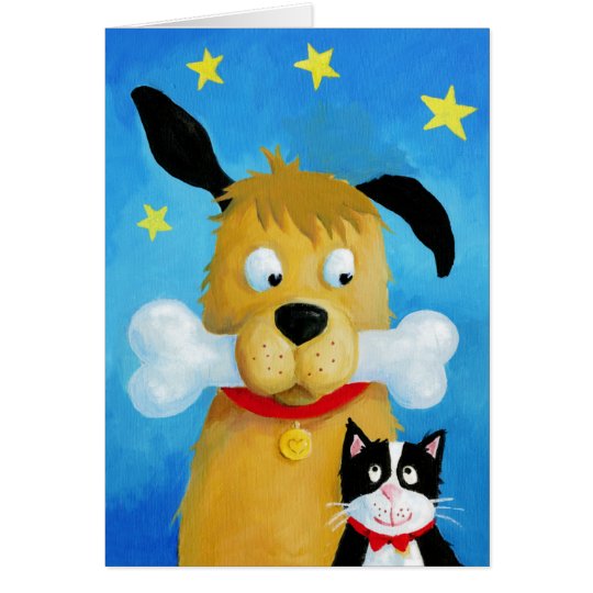 Dog with Bone & Cat Fun Greeting Card Briefkaarten 0