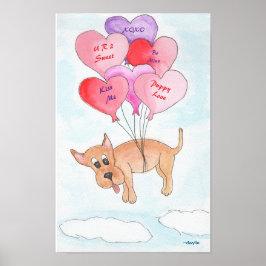 Dog with Heart Balloons Poster