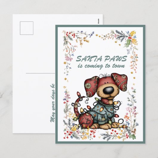 Dog Wrapped In Lights Santa PAWS is Coming to Town Feestdagenkaart (Voorkant / Achterkant)