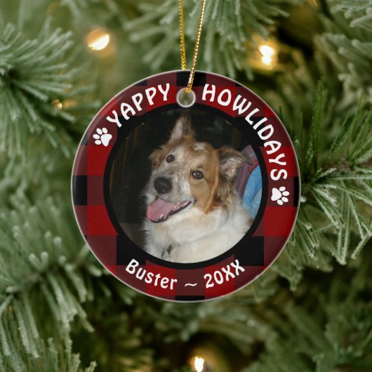 Dog YAPPY HOWLIDAYS Red Buffalo Pset Photo Keramisch Ornament (Boom)