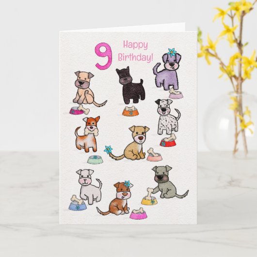 Doggie Diners Birthday negen jaar oud Kaart (Gele Bloem)