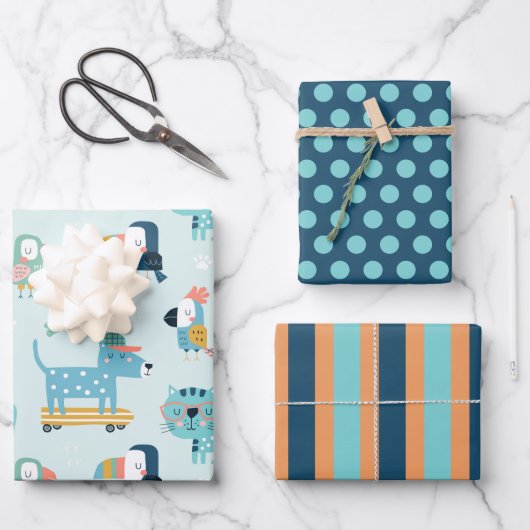 Dogs Cats Birds Wrapping Paper Set (Voorkant)