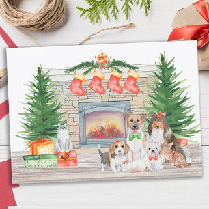 Dogs Cats Puppies Kittens Fireplace KerstHoli Feestdagenkaart