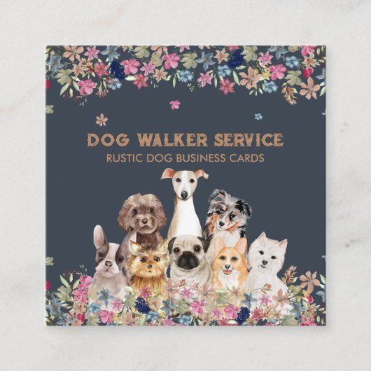 Dogs Flowers Rustic Pet Service Floral Vierkante Visitekaartje (Voorkant)